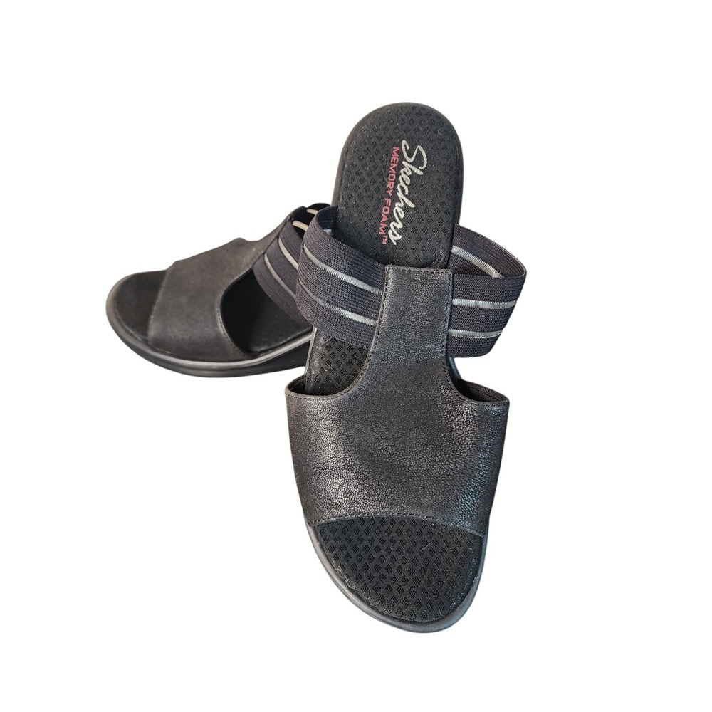 Skechers Memory Foam Black Wedge Slide Sandals Womens 10 Elastic Straps